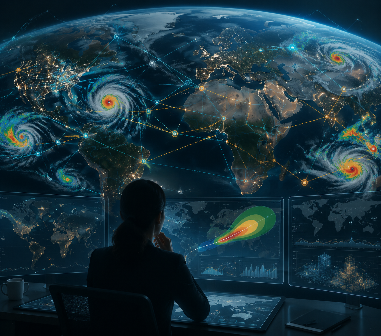 Globe with weather radar overlays, storm tracks, supply chain routes, and a logistics planner reviewing probabilistic forecast indicators