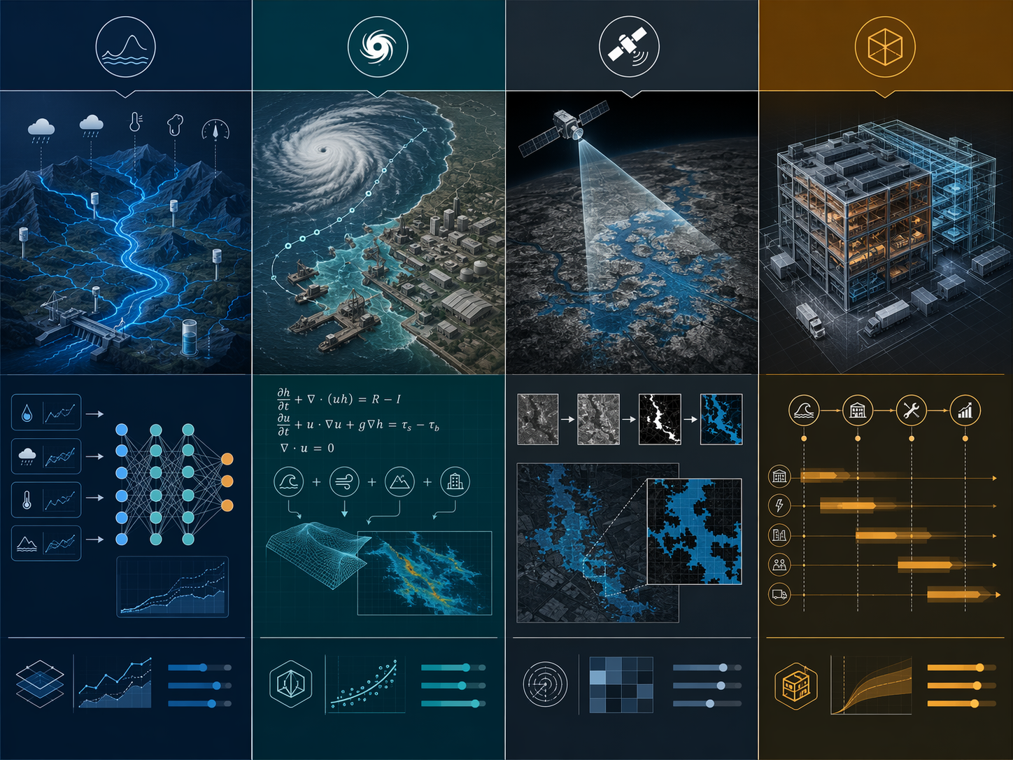 Four AI flood prediction approaches shown as hydrologic forecasting, coastal flood modeling, satellite radar mapping, and digital twin recovery analysis