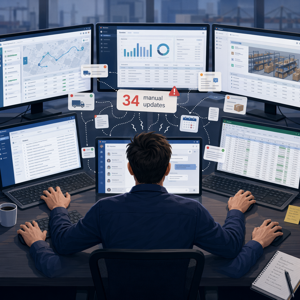 Supply chain coordinator managing updates across TMS ERP warehouse email chat and spreadsheet systems