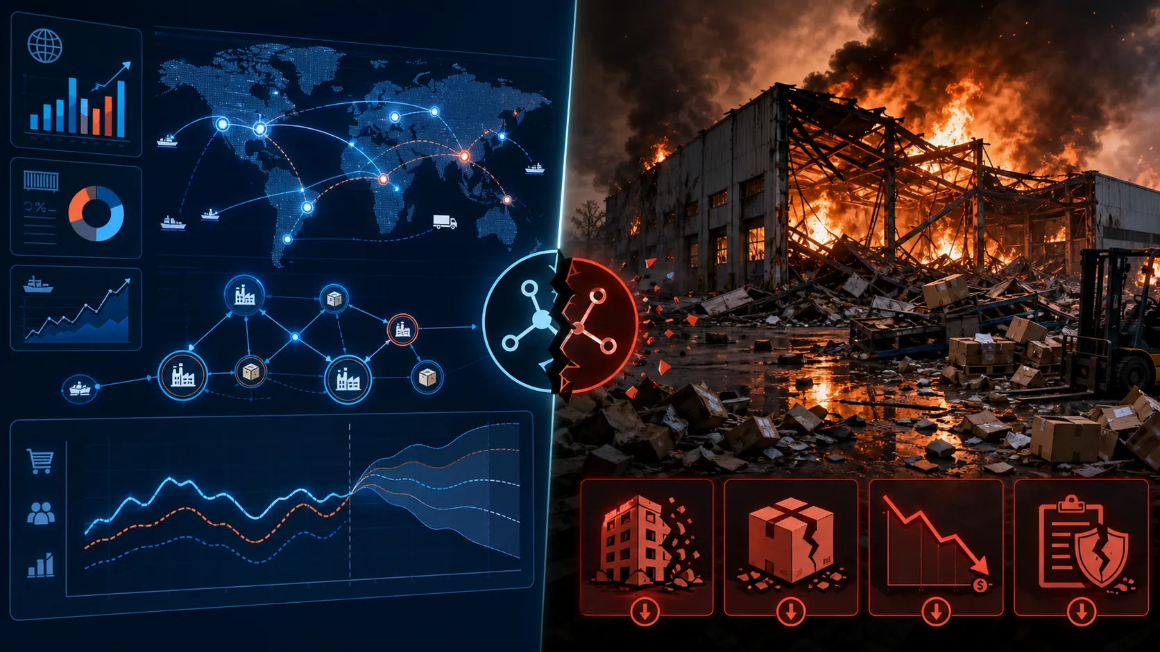 A split view contrasting a clean supply chain dashboard with a burning collapsed warehouse