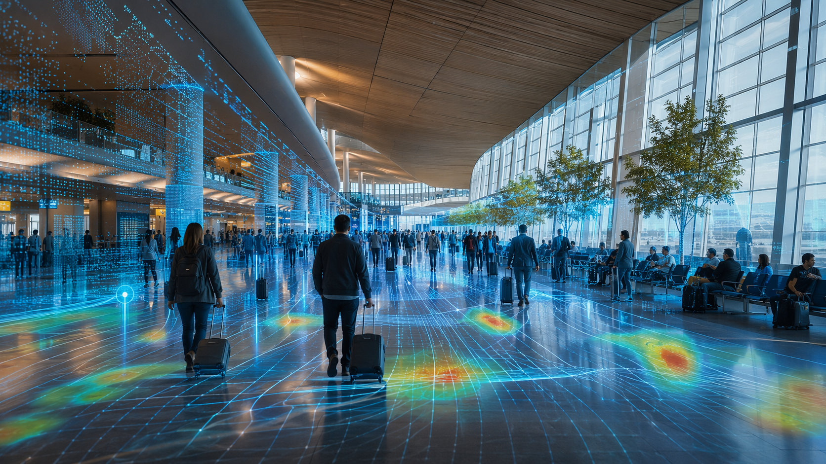 Airport terminal passenger flow with LiDAR sensing and predictive heat map overlays