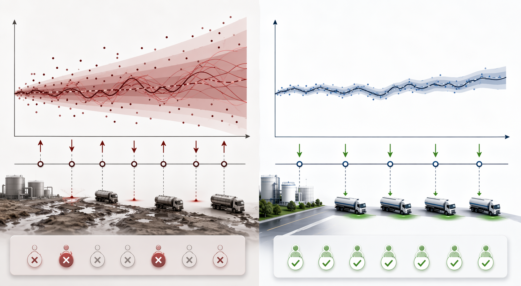 Comparison of wide fuel forecast uncertainty and narrow AI-driven forecast band for procurement timing