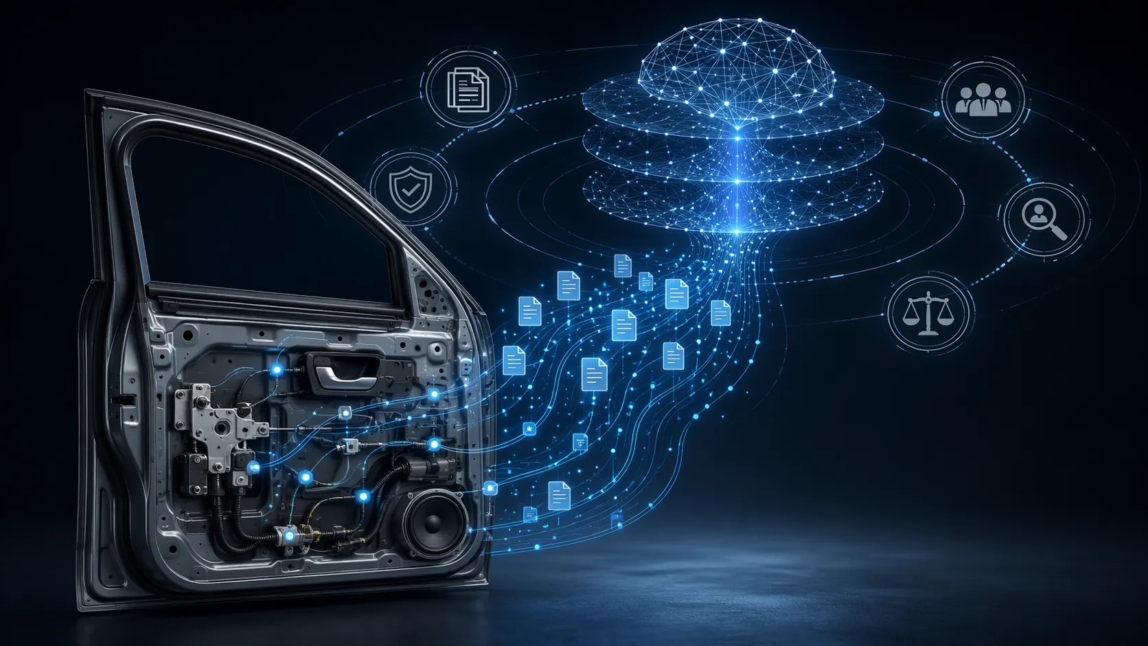 Car door cross-section with internal components feeding compliance data into an AI governance network