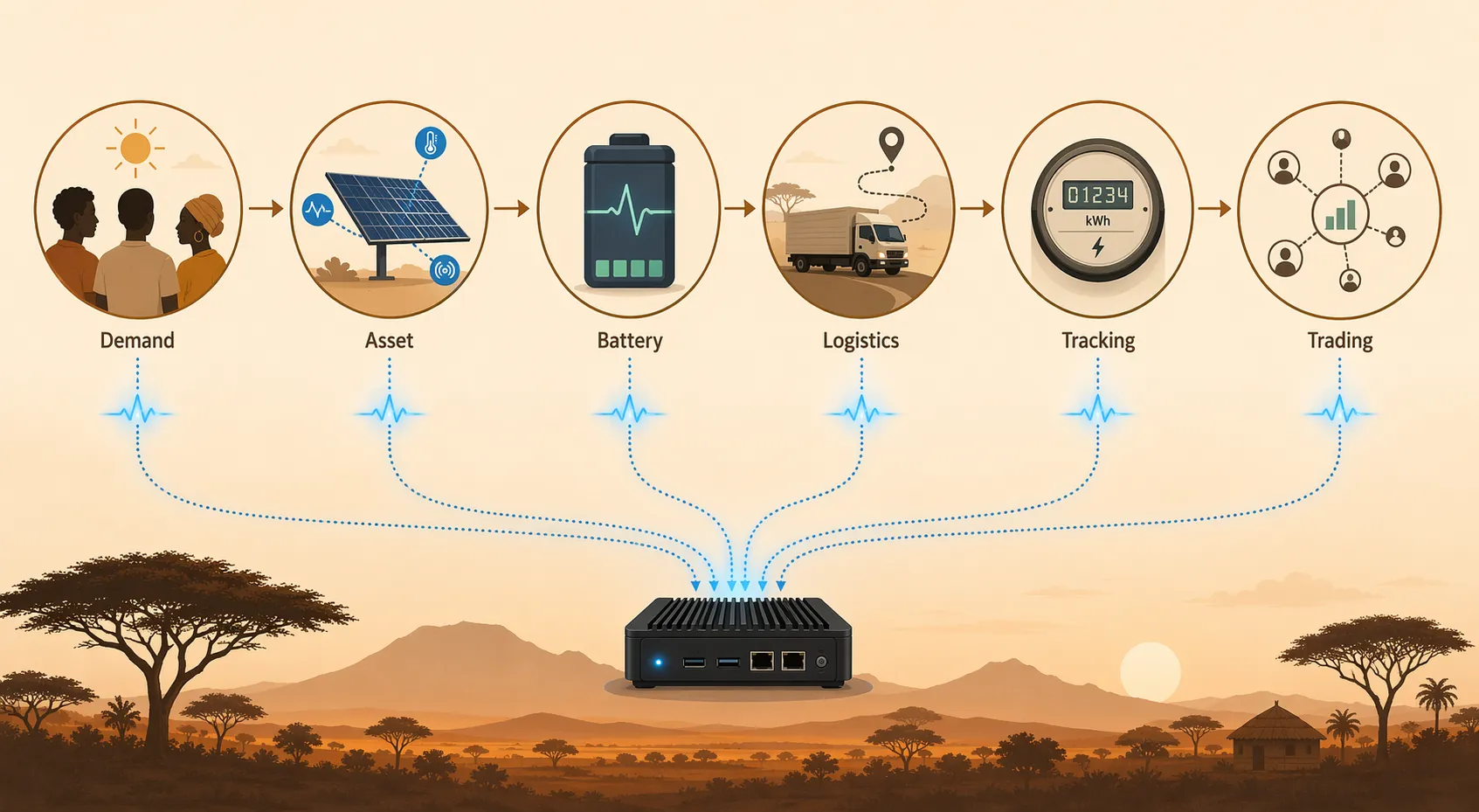 Supply-chain flow diagram with six AI function nodes for demand, asset, battery, logistics, tracking, and trading