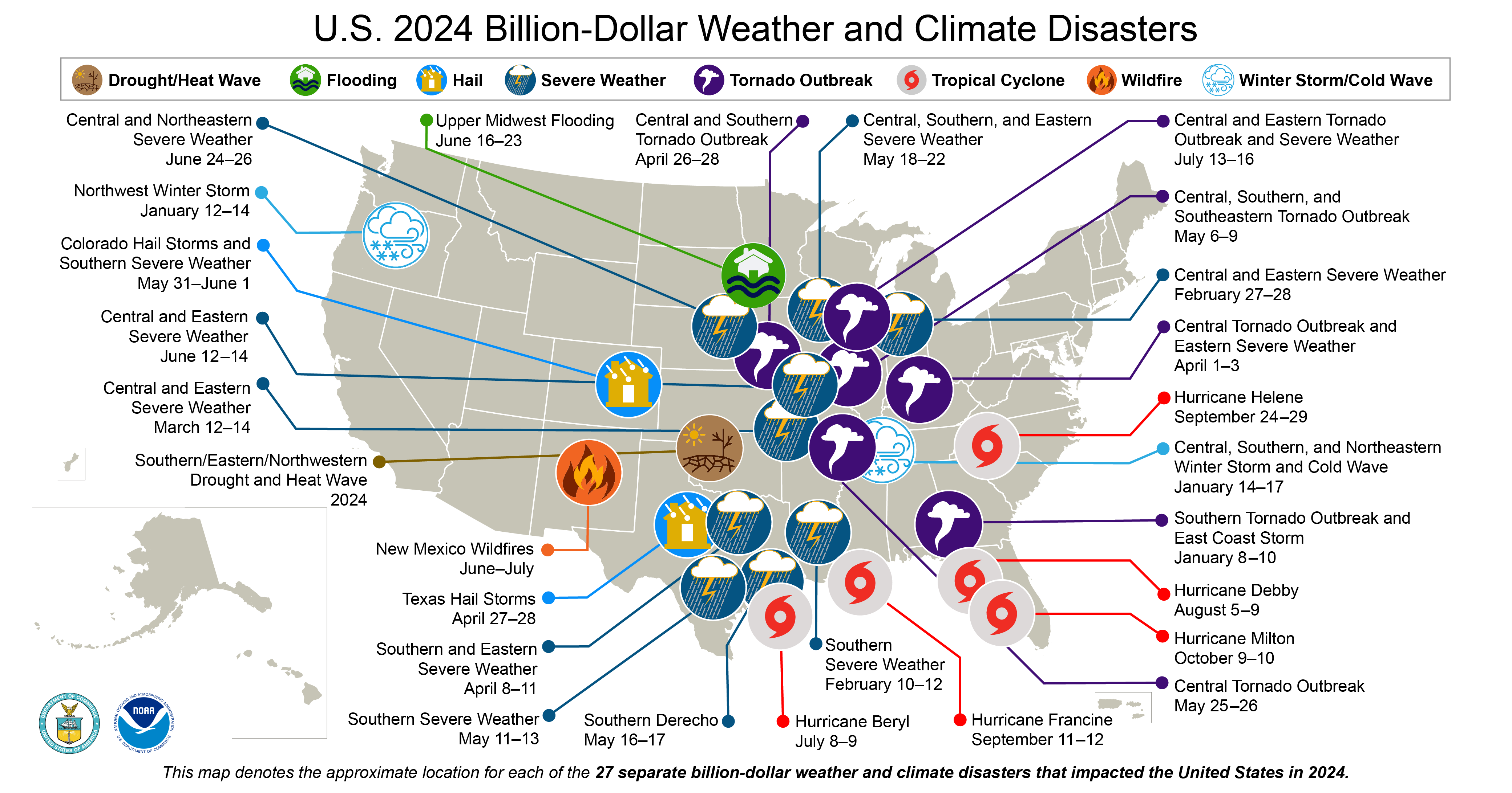 NOAA map showing 28 billion-dollar weather and climate disasters across the United States in 2024