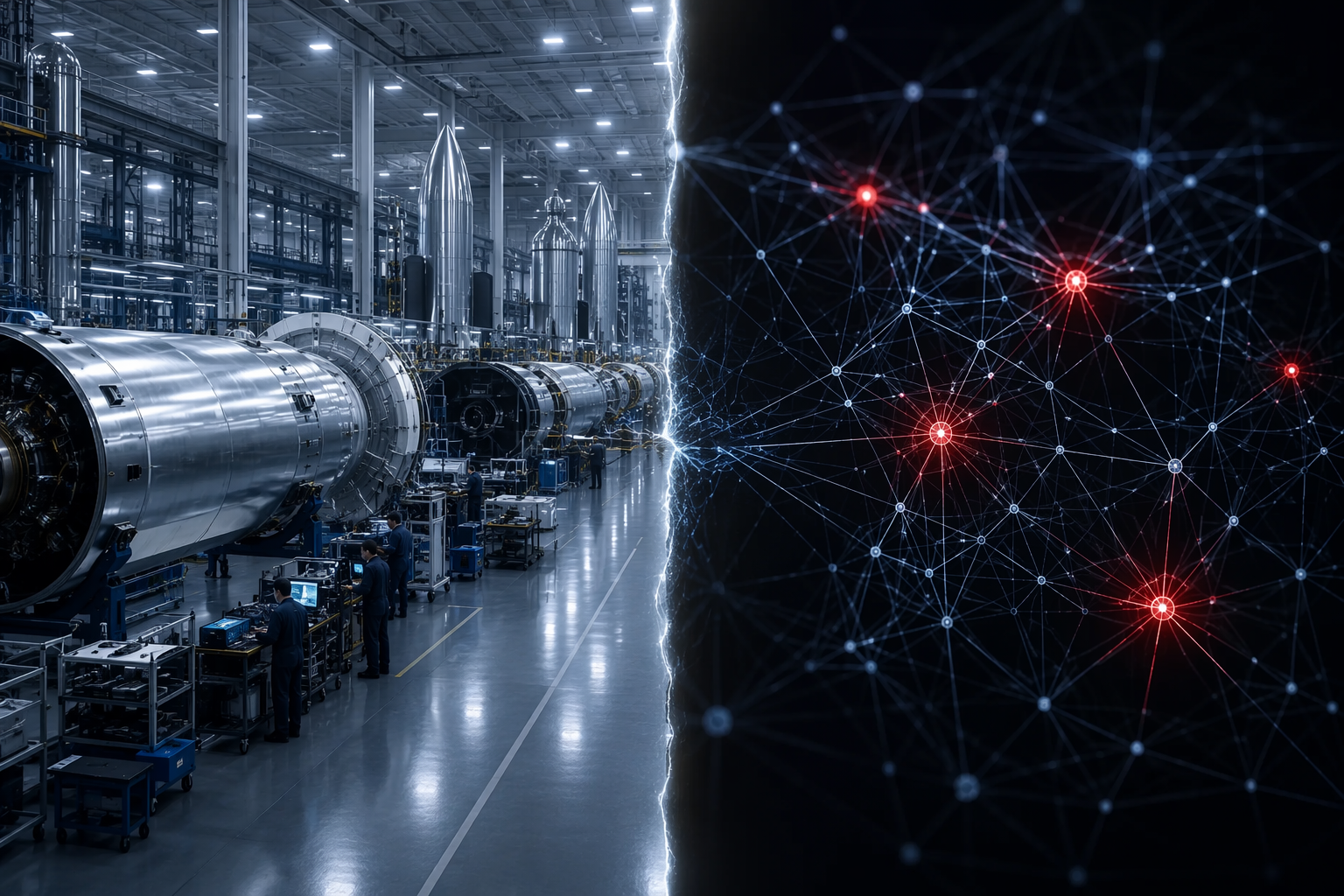 Aerospace manufacturing floor contrasted with a connected supplier-risk network