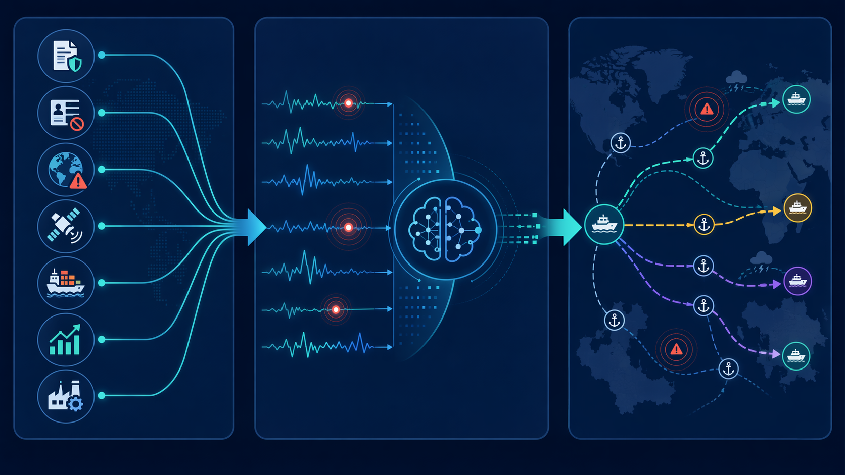 Three-stage AI geopolitical early warning pipeline showing data ingestion, pattern recognition, and scenario modeling for rerouted supply chains