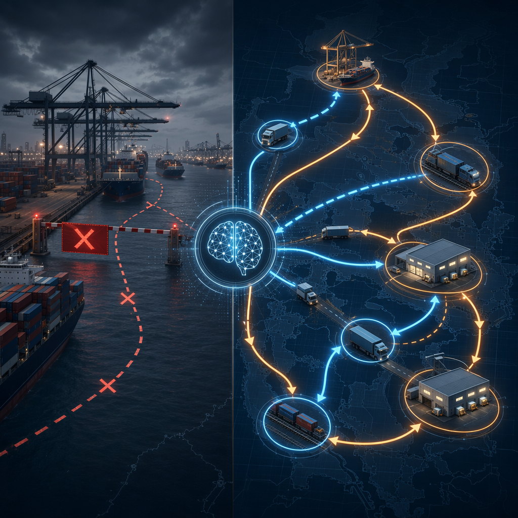 Illustration contrasting a blocked port with AI-powered rerouting across ports, trucks, railways, and warehouses