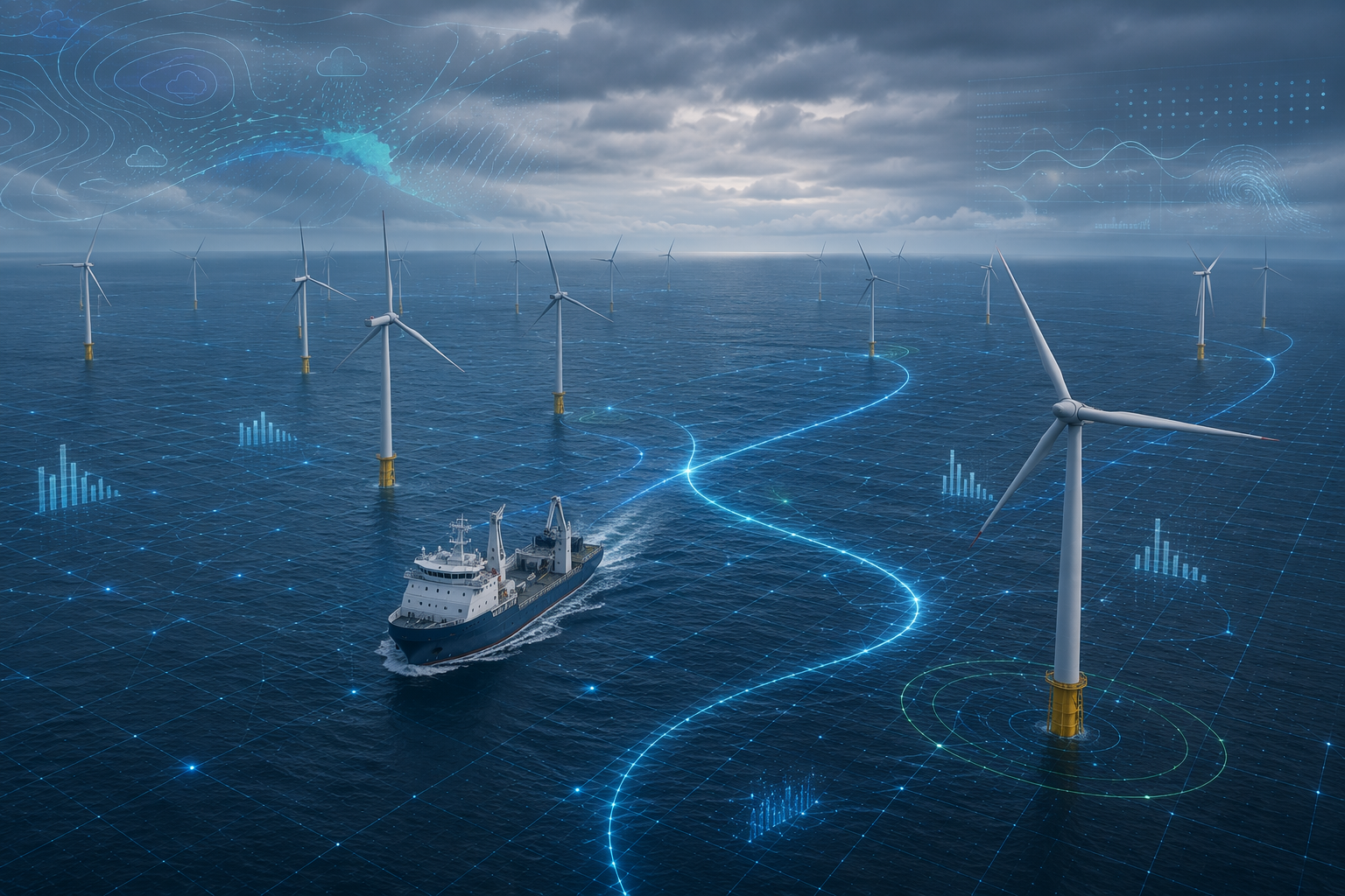 Offshore wind farm with a service vessel and optimized digital routing paths between turbines