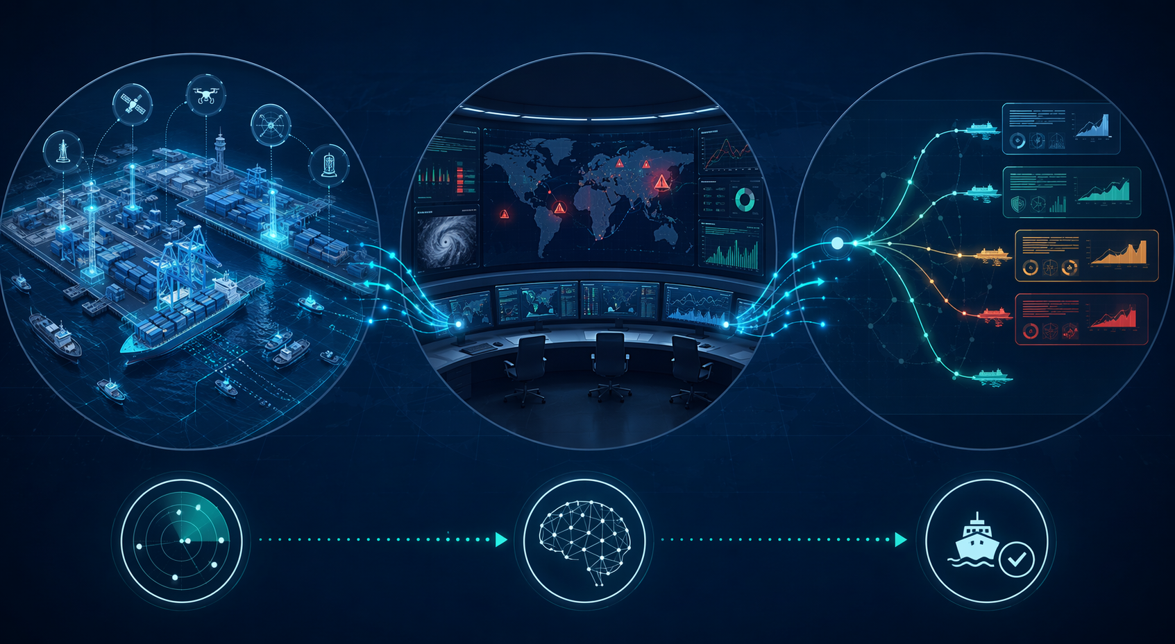 Diagram of interconnected AI planning components including a digital twin, predictive control tower, and scenario-modeling engine