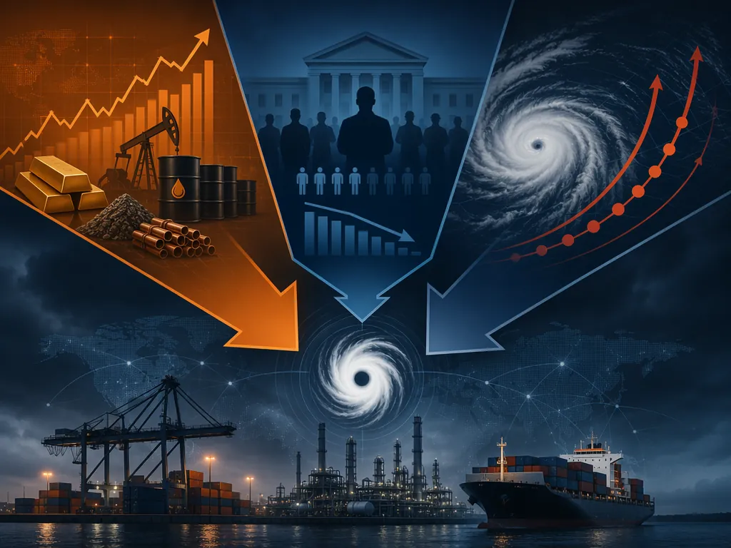 Compounding risk factors converging toward a hurricane over port, refinery, and container ship silhouettes