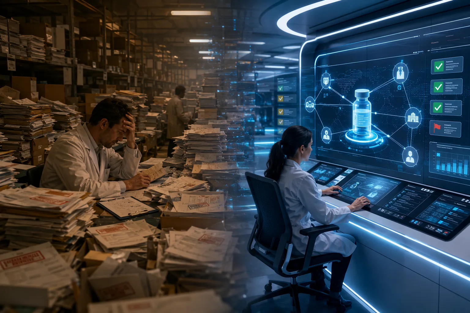 Traditional paper-based pharmaceutical recall management contrasted with an AI-powered serialized recall control room
