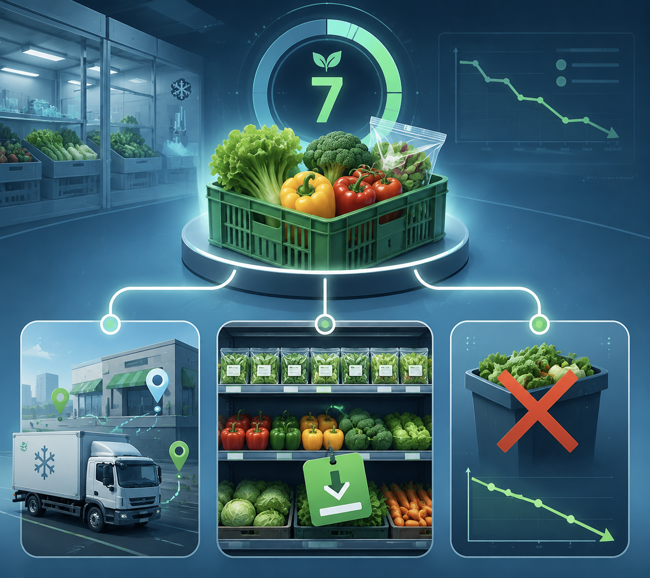 Fresh produce crate with shelf-life countdown branching to optimized allocation, markdown, and waste reduction actions