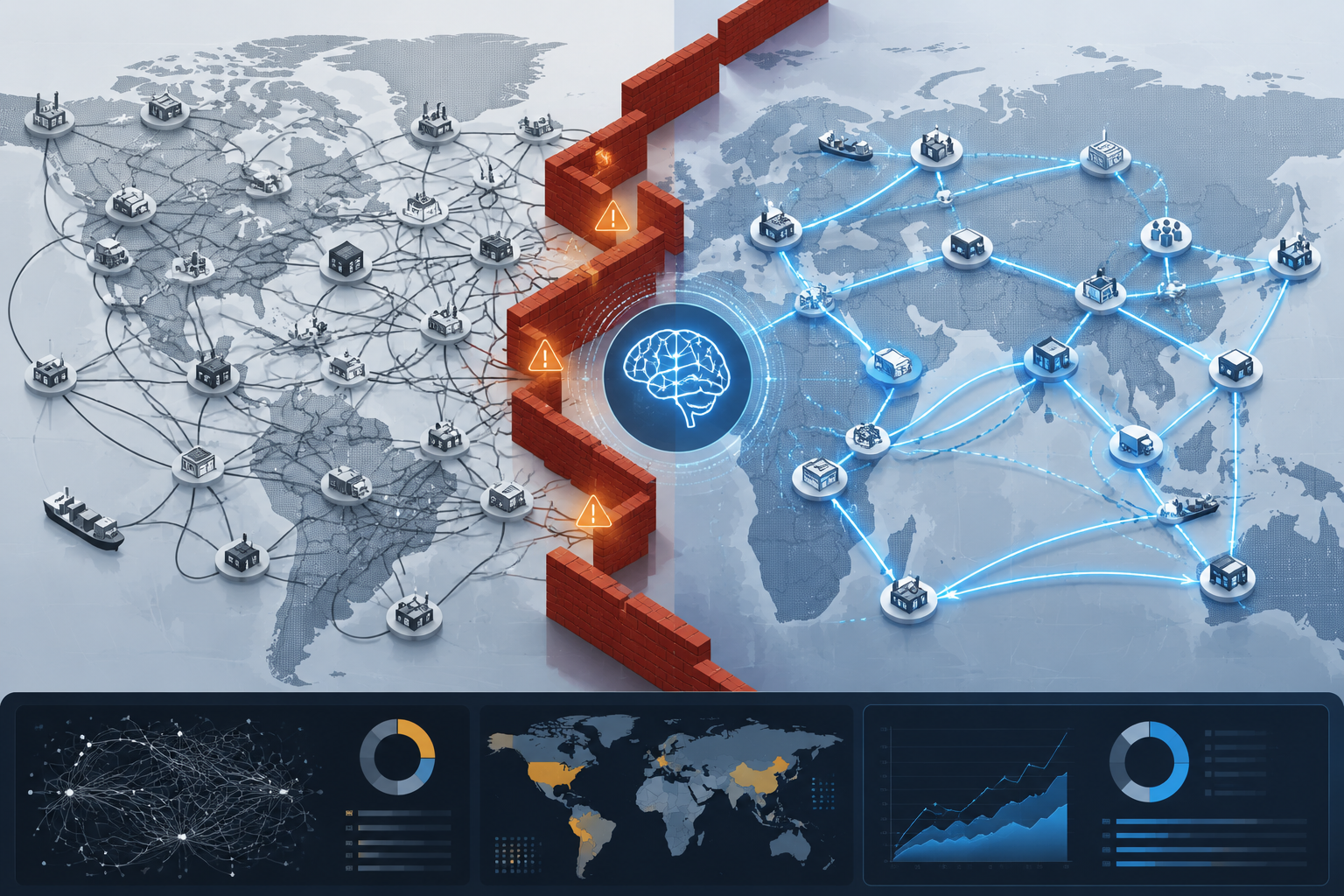 Global supply chain network divided by tariff barriers, contrasting tangled static planning with cleaner AI-optimized routing paths