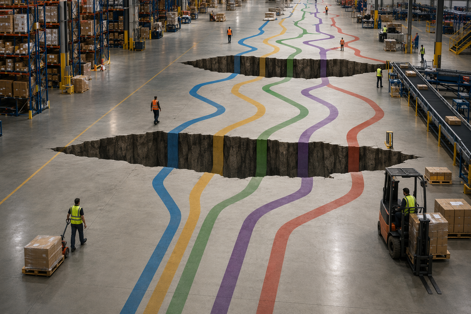 Warehouse floor with July, September, and October calendar cliffs and branching contingency staffing paths