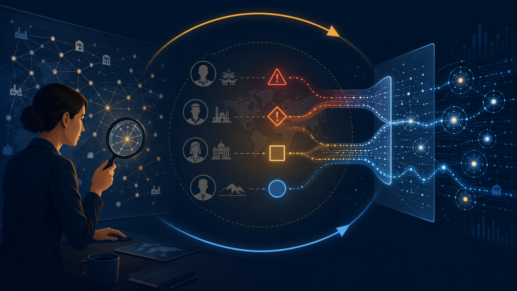Human analyst and AI data system collaborating in a shared supply chain risk decision space