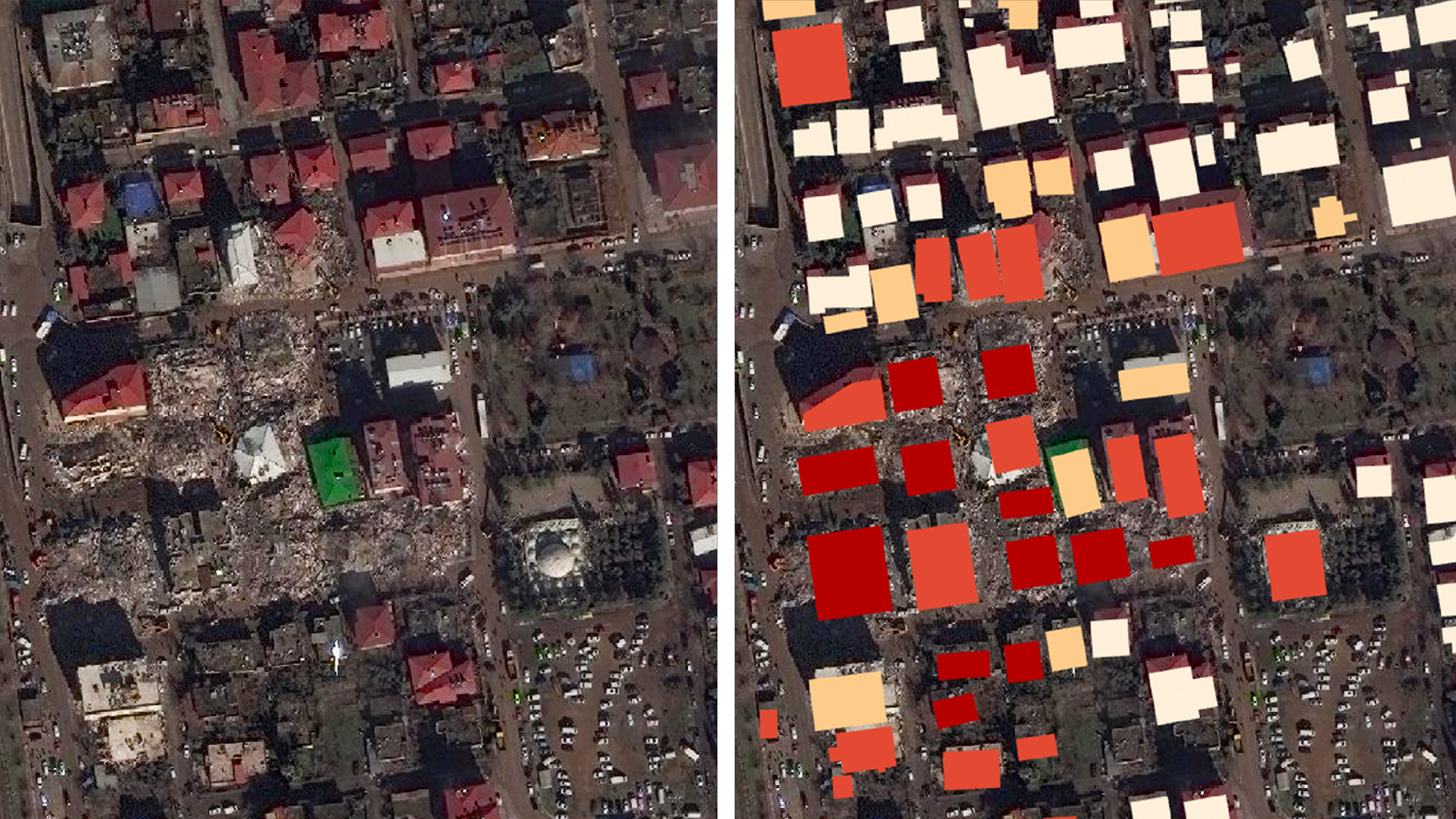 Before and after satellite imagery from the 2023 Turkey-Syria earthquake showing damaged urban areas and infrastructure