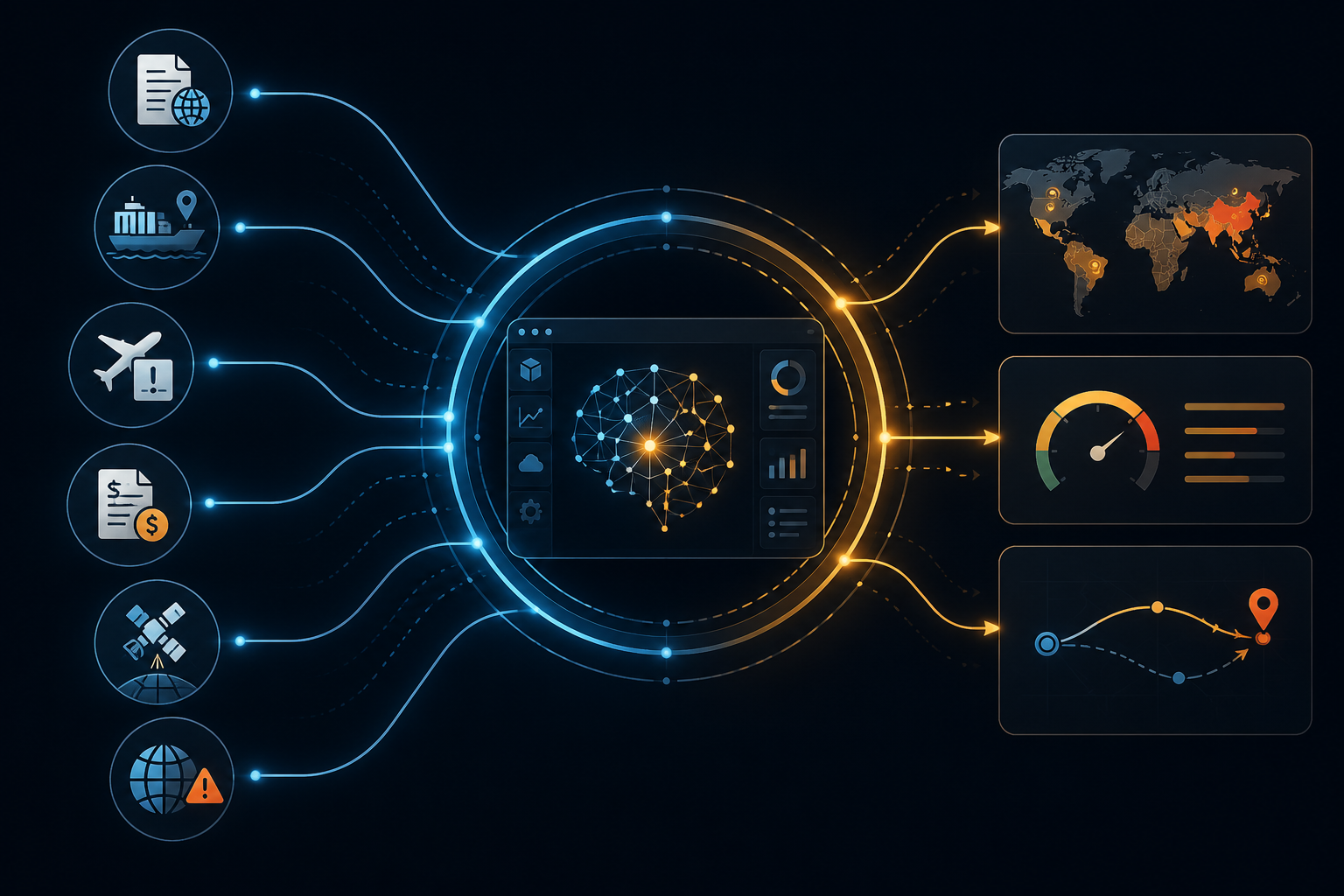 Diagram of travel advisory, AIS tracking, NOTAM, carrier surcharge, satellite imagery, and geopolitical alert feeds flowing into an AI fusion hub