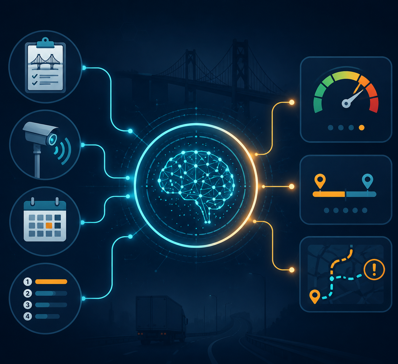 AI infrastructure risk monitoring workflow connecting bridge inspections, traffic sensors, and maintenance schedules to risk scores and reroute guidance