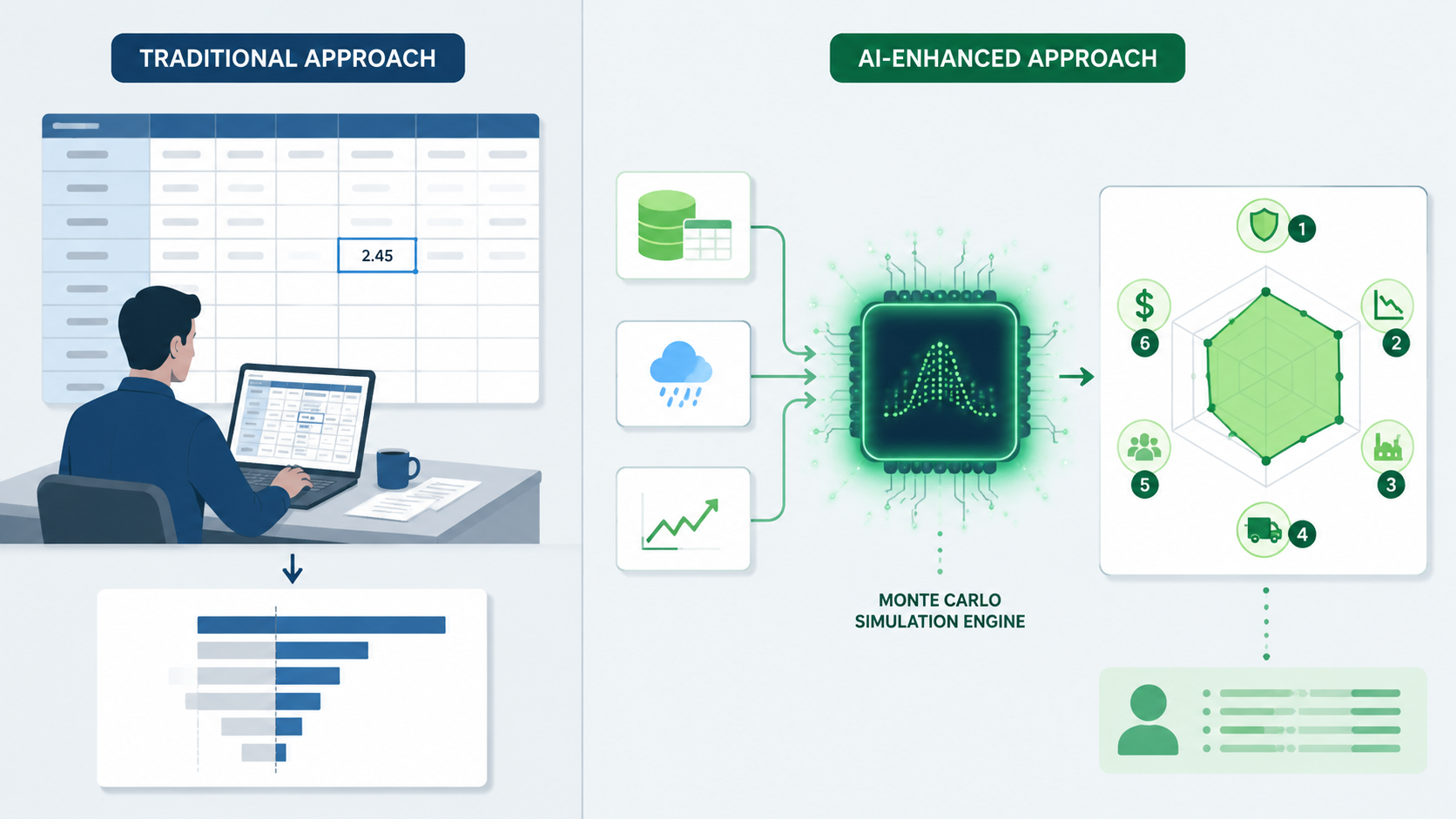 Side-by-side comparison of a traditional spreadsheet tornado chart workflow and an AI-enhanced Monte Carlo risk ranking workflow