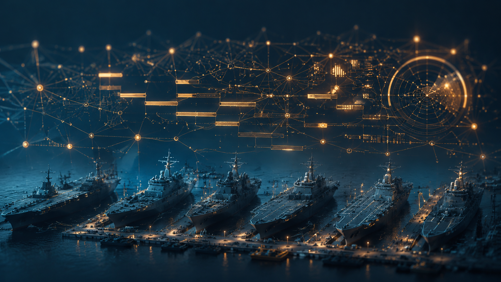 Naval warship silhouettes moored at a decommissioning pier beneath connected scheduling data nodes