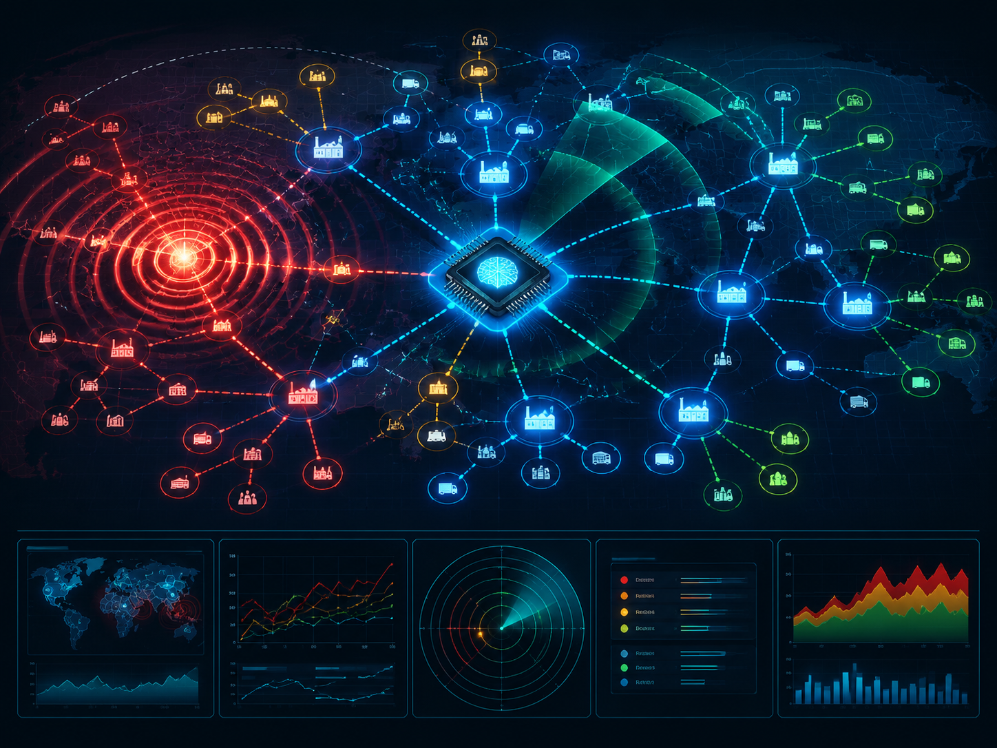 Digital twin visualization of a semiconductor supplier network with earthquake shockwaves and AI detection pulses