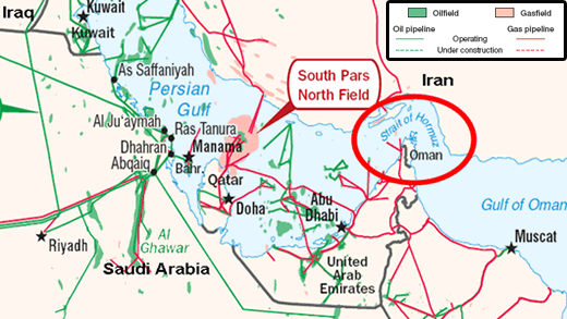 Map of the Strait of Hormuz showing the narrow waterway between Iran and Oman and oil transit geography