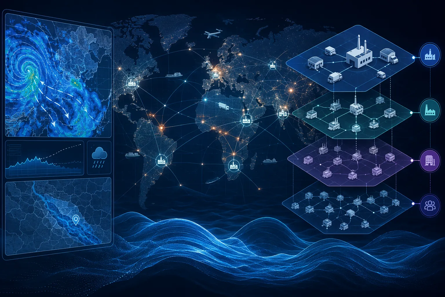 Digital supply chain network map with AI flood prediction interface and supplier tiers extending from tier 1 to tier 4