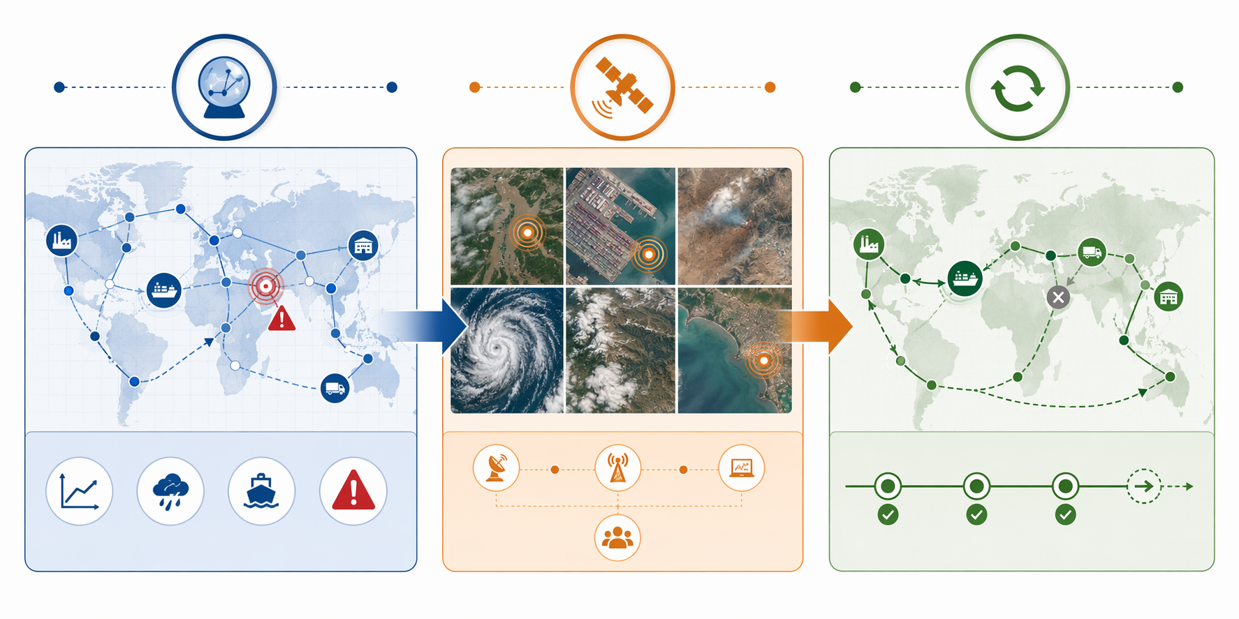 Three-phase diagram showing prediction, monitoring, and recovery actions for tornado supply chain disruption