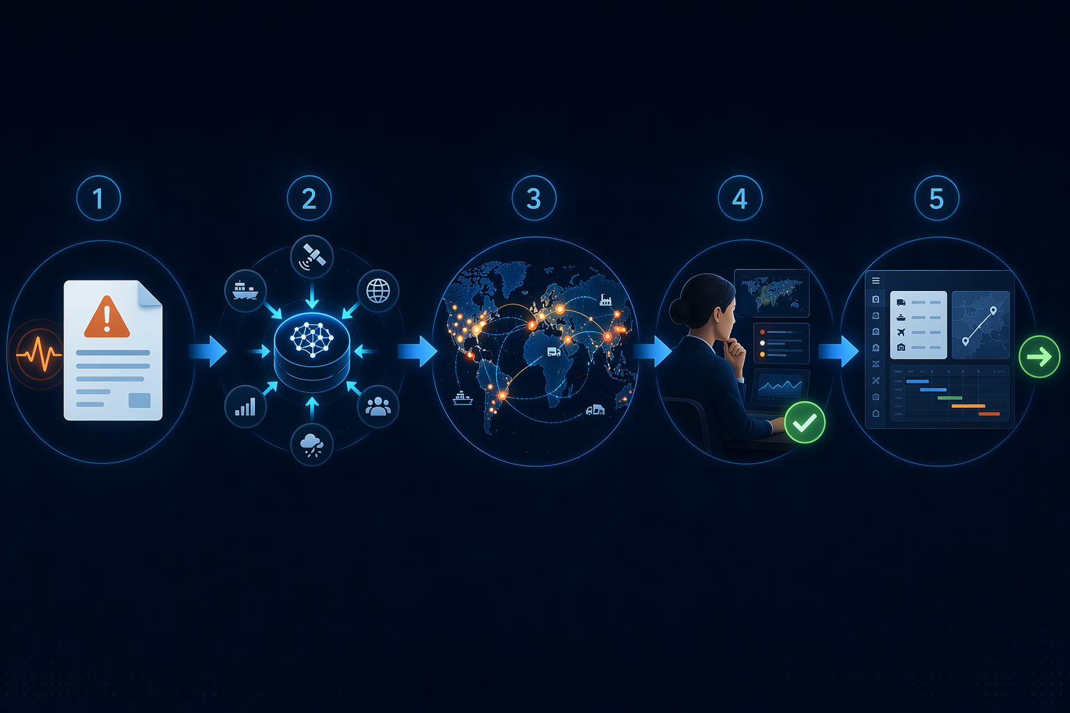 Workflow from travel advisory alert to AI ingestion, exposure mapping, human analyst verification, and TMS or SCM decision output