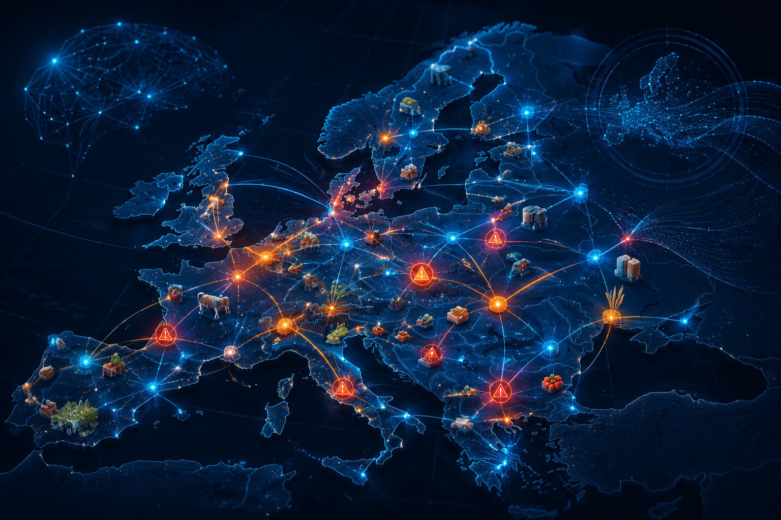 Map of Europe with interconnected food supply chain data nodes and alert markers