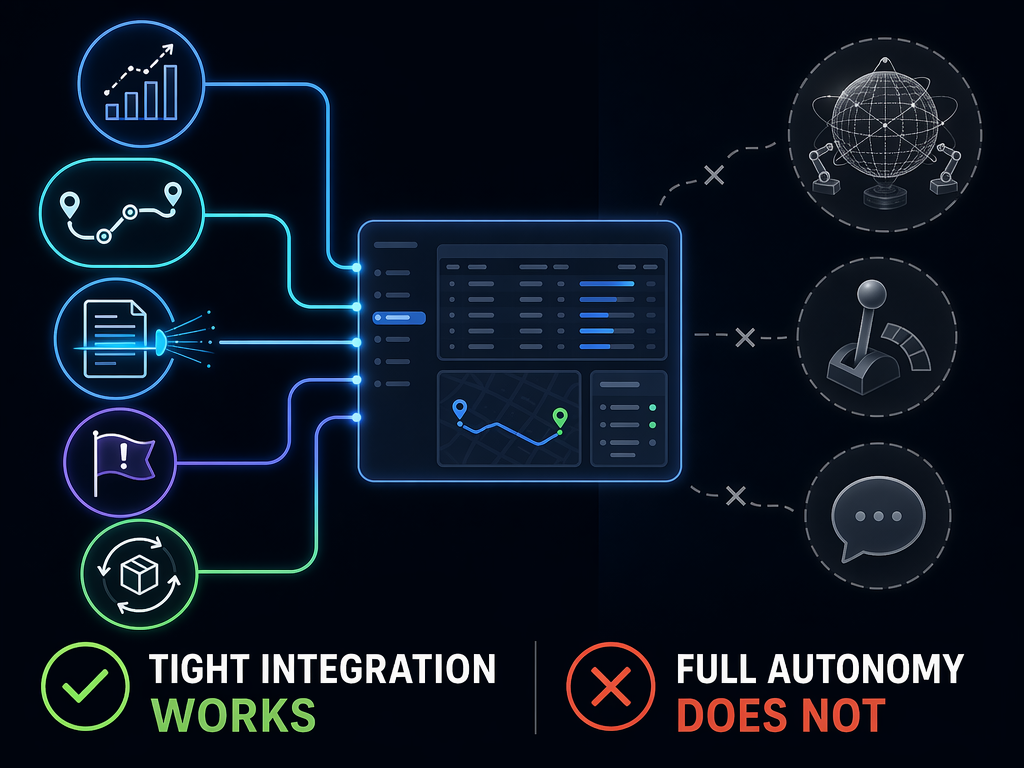 Framework comparing five proven AI supply chain applications connected into existing systems with three underperforming applications shown as disconnected faded nodes