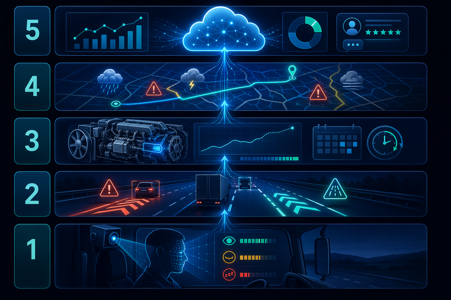 Five-layer AI fleet safety architecture showing driver monitoring, ADAS, predictive maintenance, route optimization, and cloud coaching