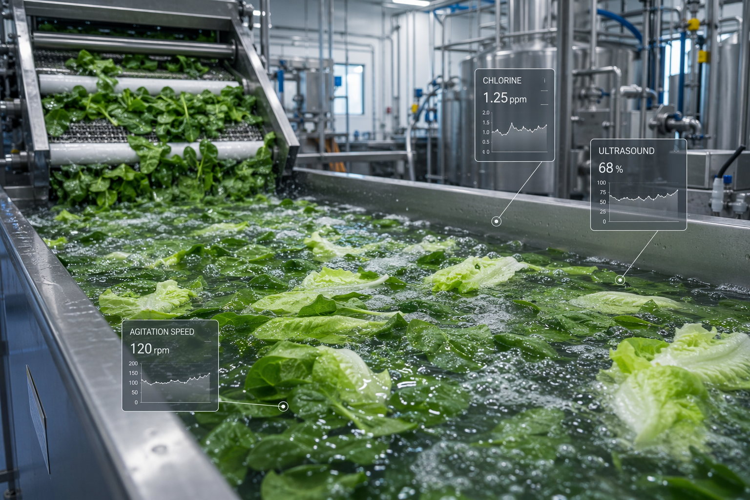 Commercial leafy green wash line with parameter overlays for chlorine concentration, ultrasound power, and agitation speed