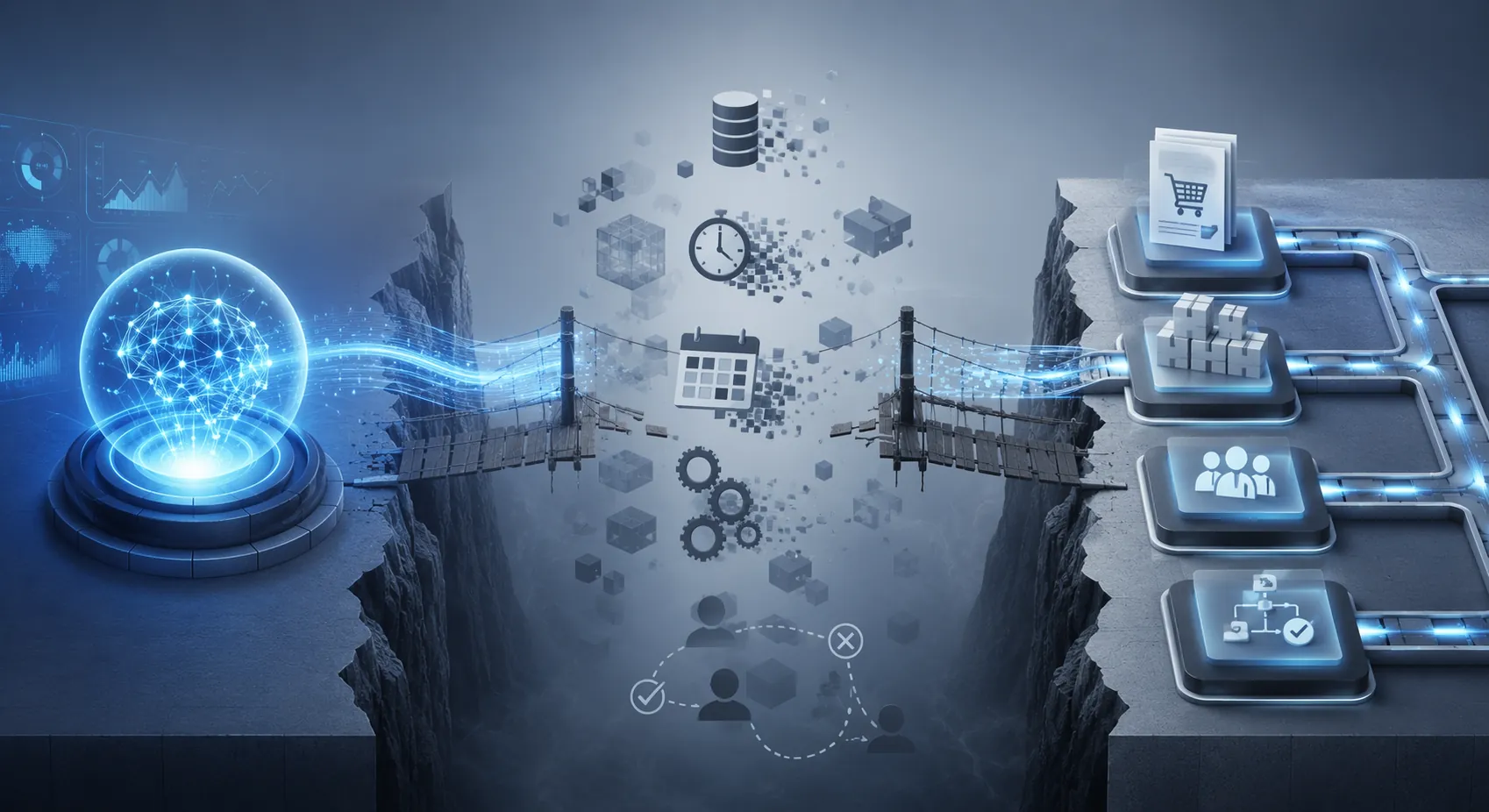 Illustration of the gap between an AI recommendation and operational execution systems, separated by master data, latency, planning calendars, ERP constraints, and approval points