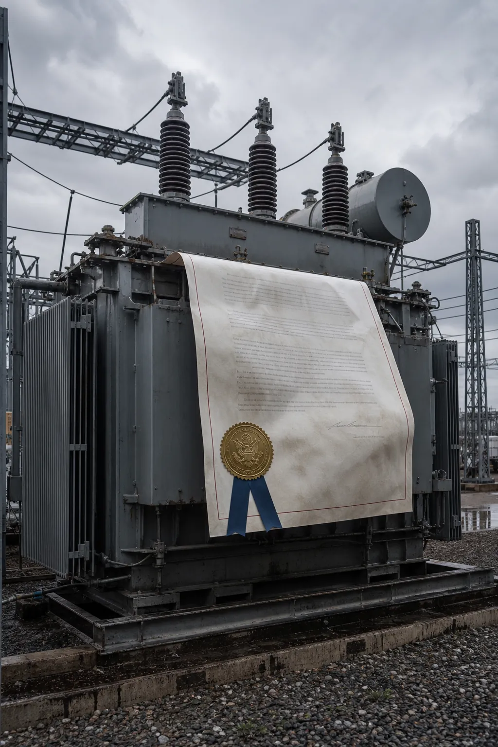 Industrial power transformer with a formal government policy document draped over it