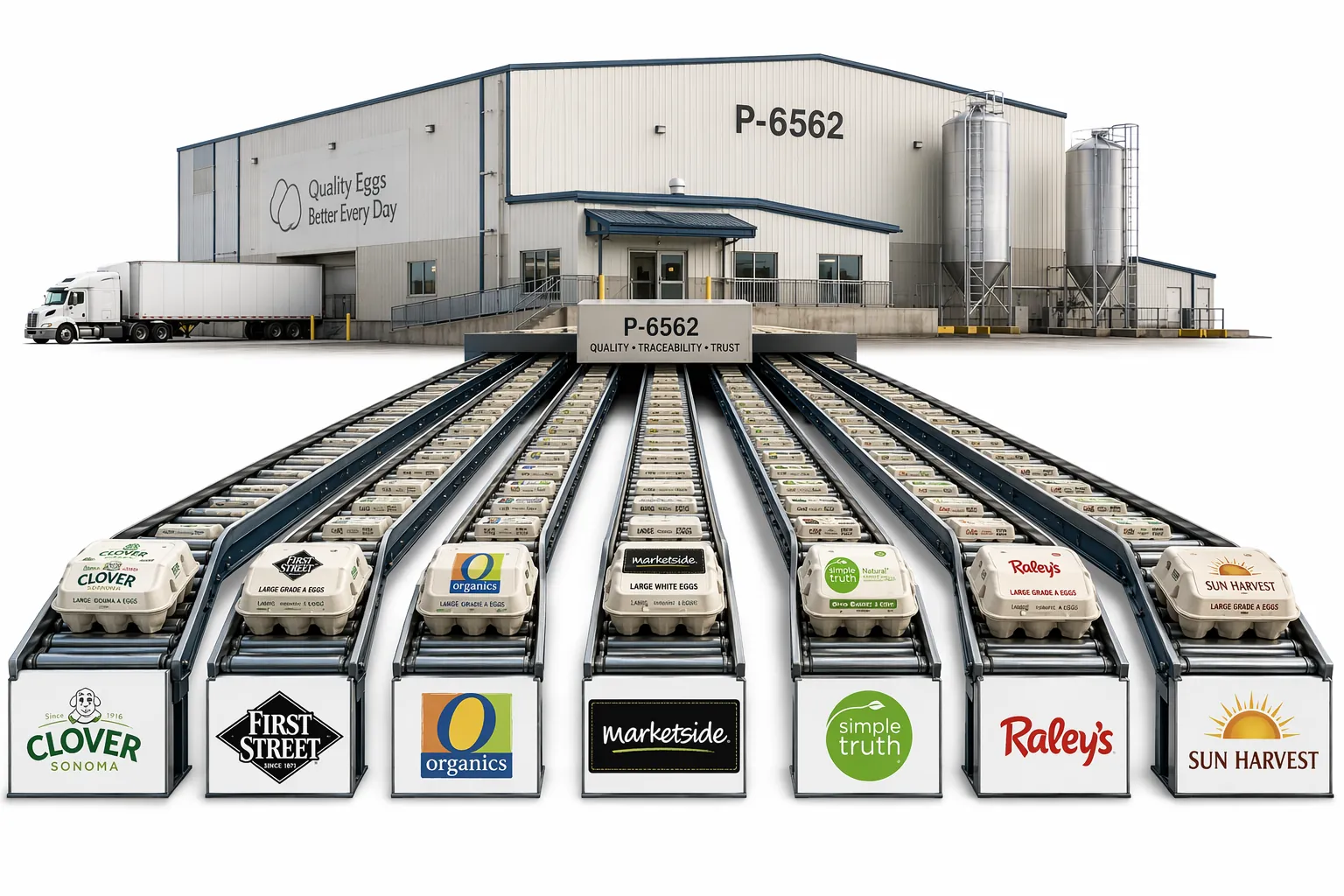 Industrial egg facility marked P-6562 with multiple branded distribution lines branching toward retailers