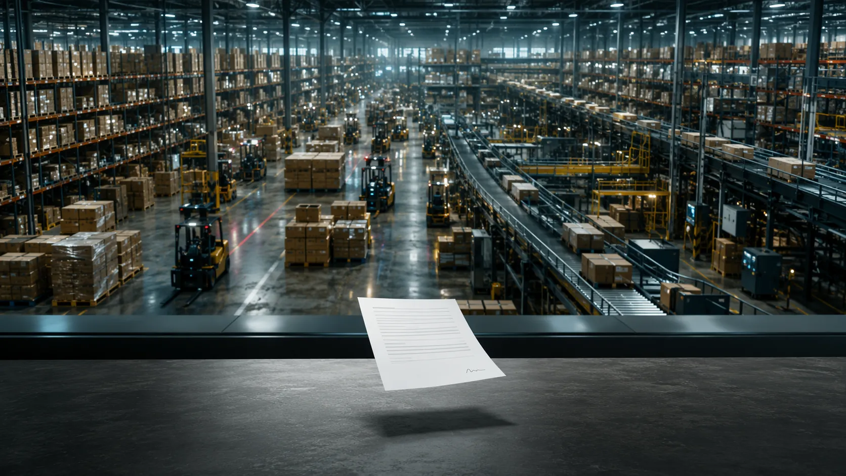 Industrial warehouse operations contrasted with a small contract document