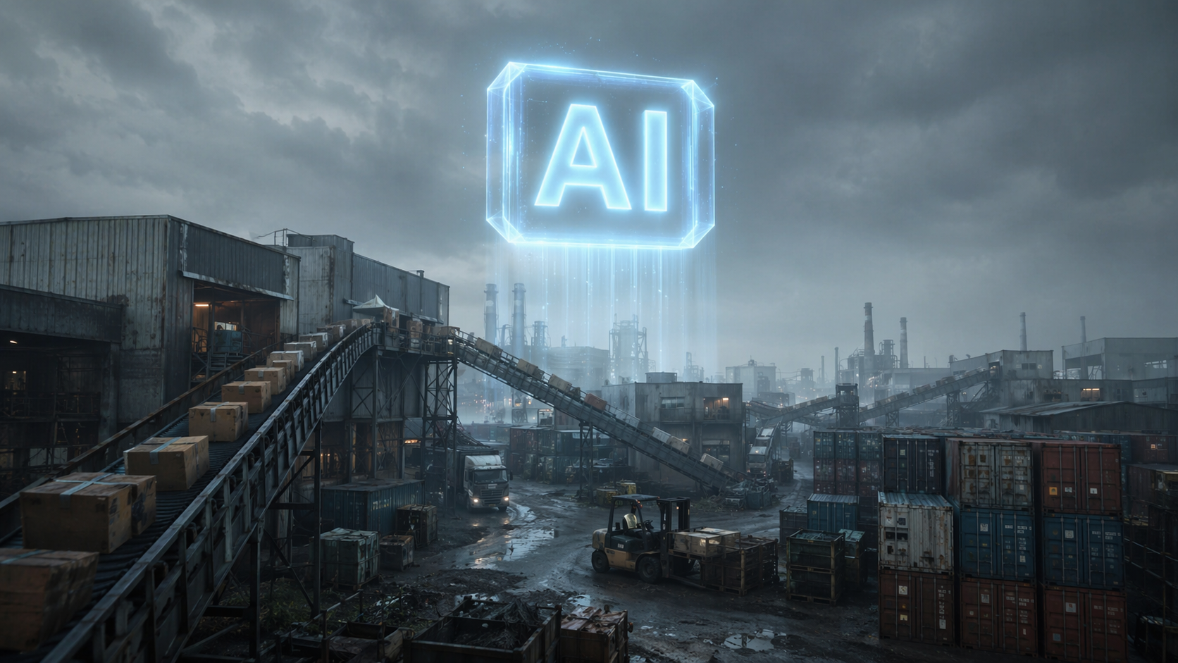Industrial supply chain landscape with a glowing AI label disconnected from operational reality