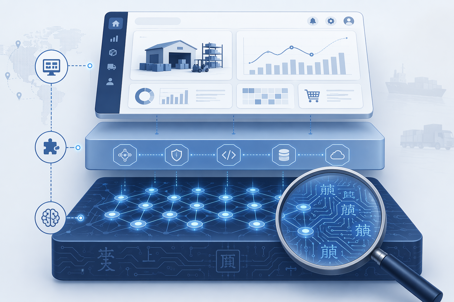 Layered AI supply chain tool architecture with a hidden Chinese open-source AI backbone under interface and middleware layers