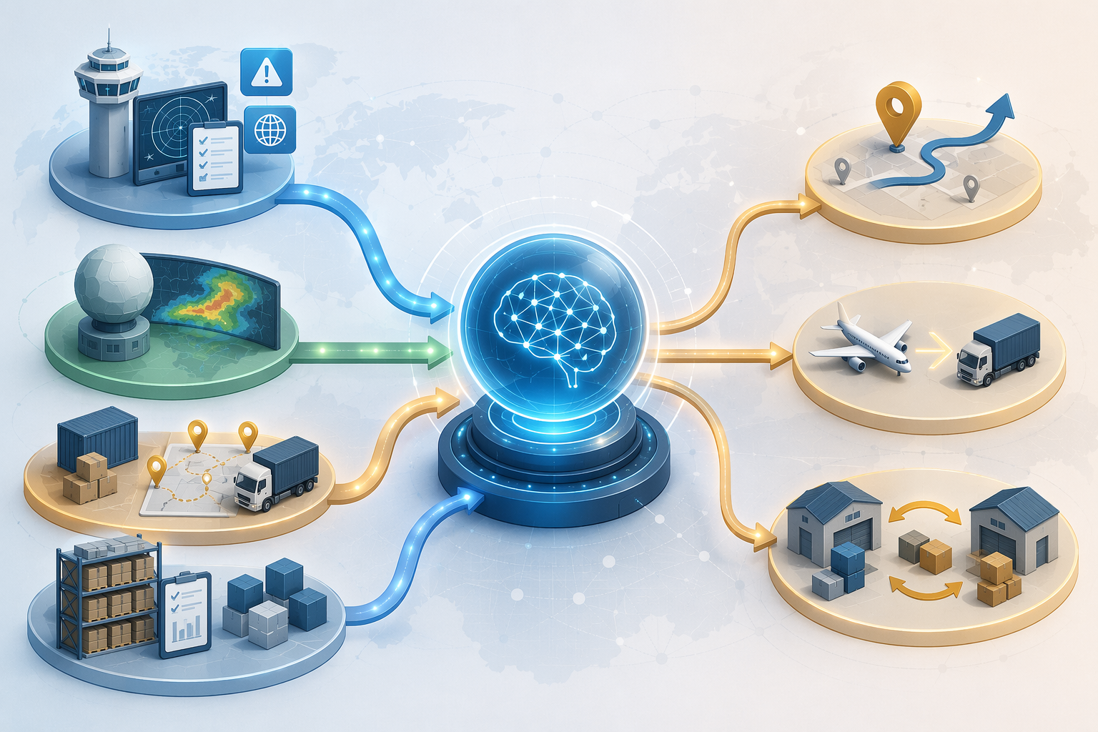FAA traffic, weather, cargo milestone, and inventory data streams flowing into an AI prediction engine