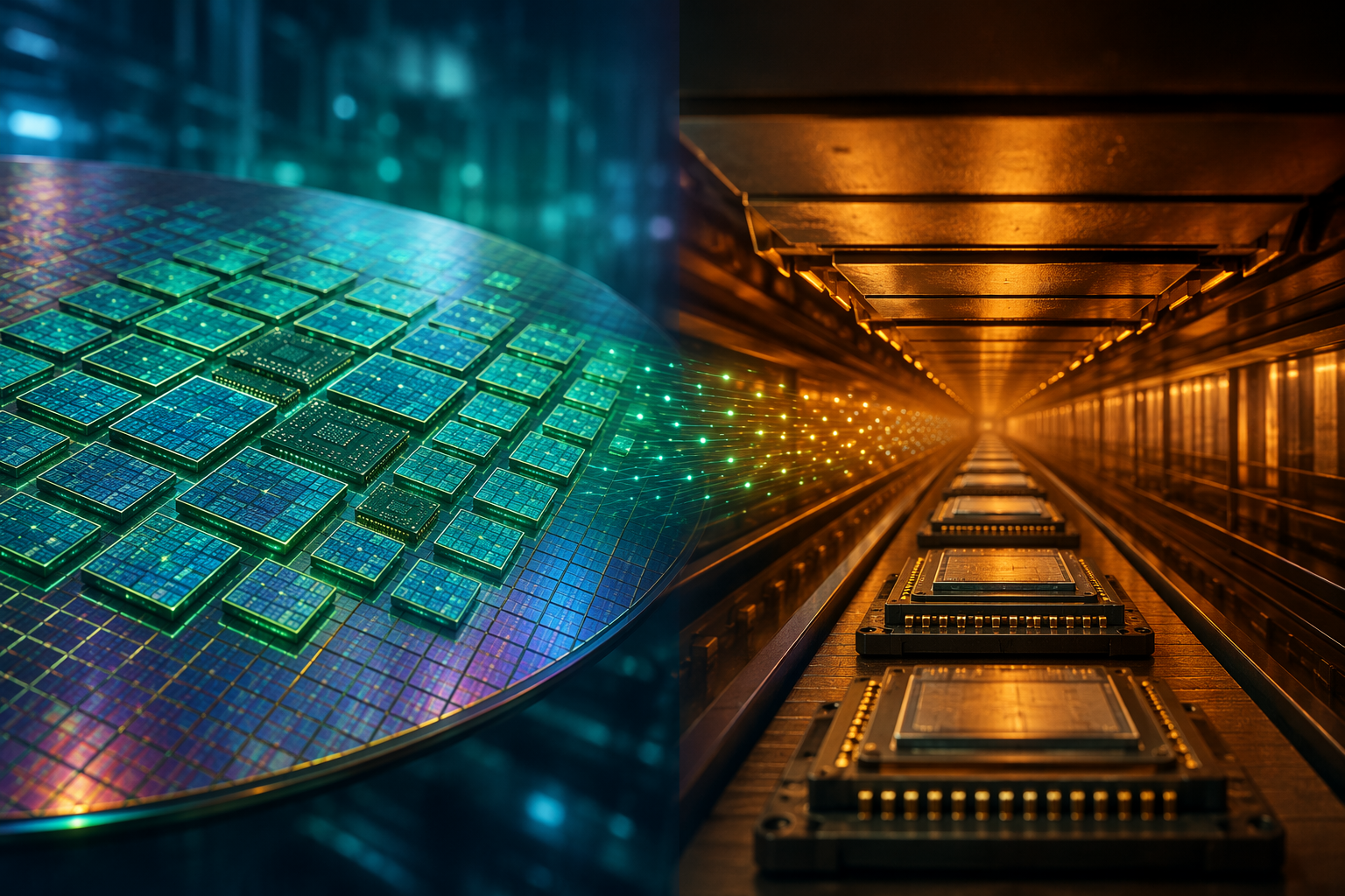 Conceptual illustration of AMD chiplet architecture narrowing into a CoWoS packaging bottleneck