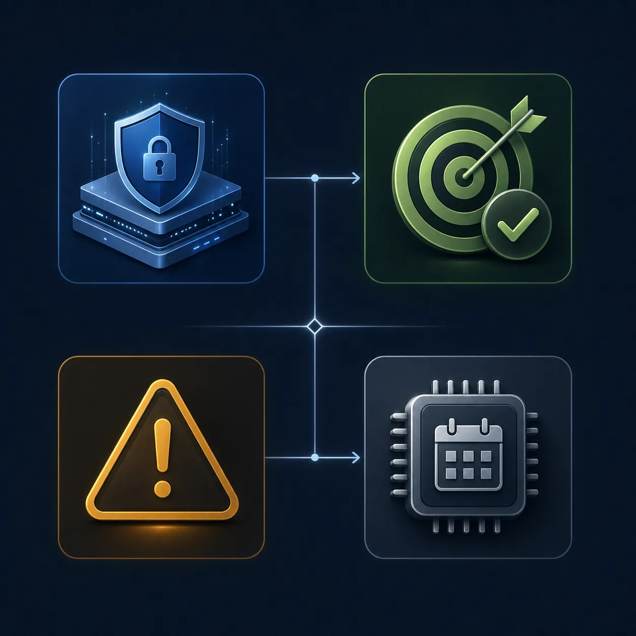 Decision framework icons for security, ROI, caution, and chip supply timing