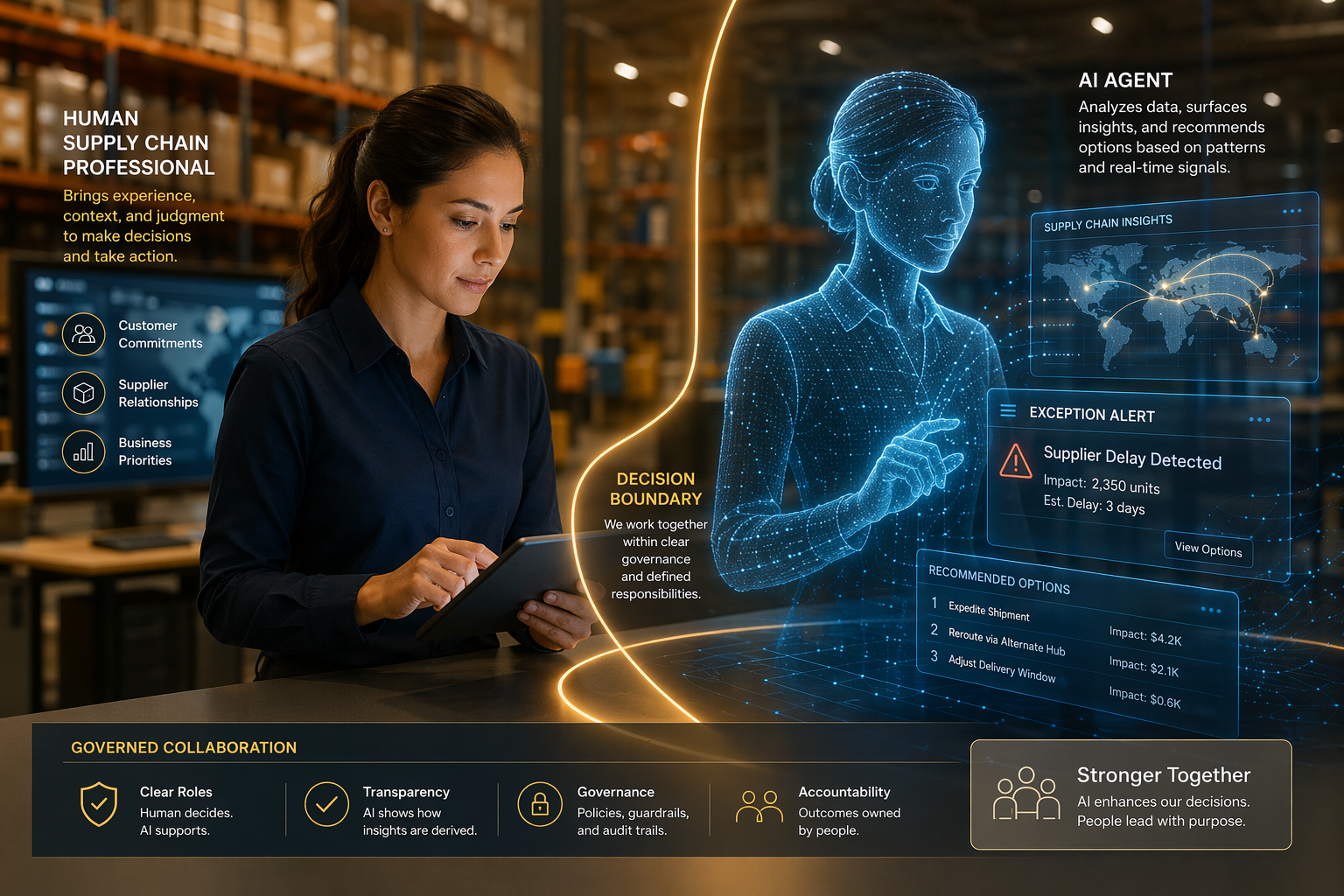 Supply chain professional reviewing a tablet beside a holographic AI agent interface with exception alerts and network data
