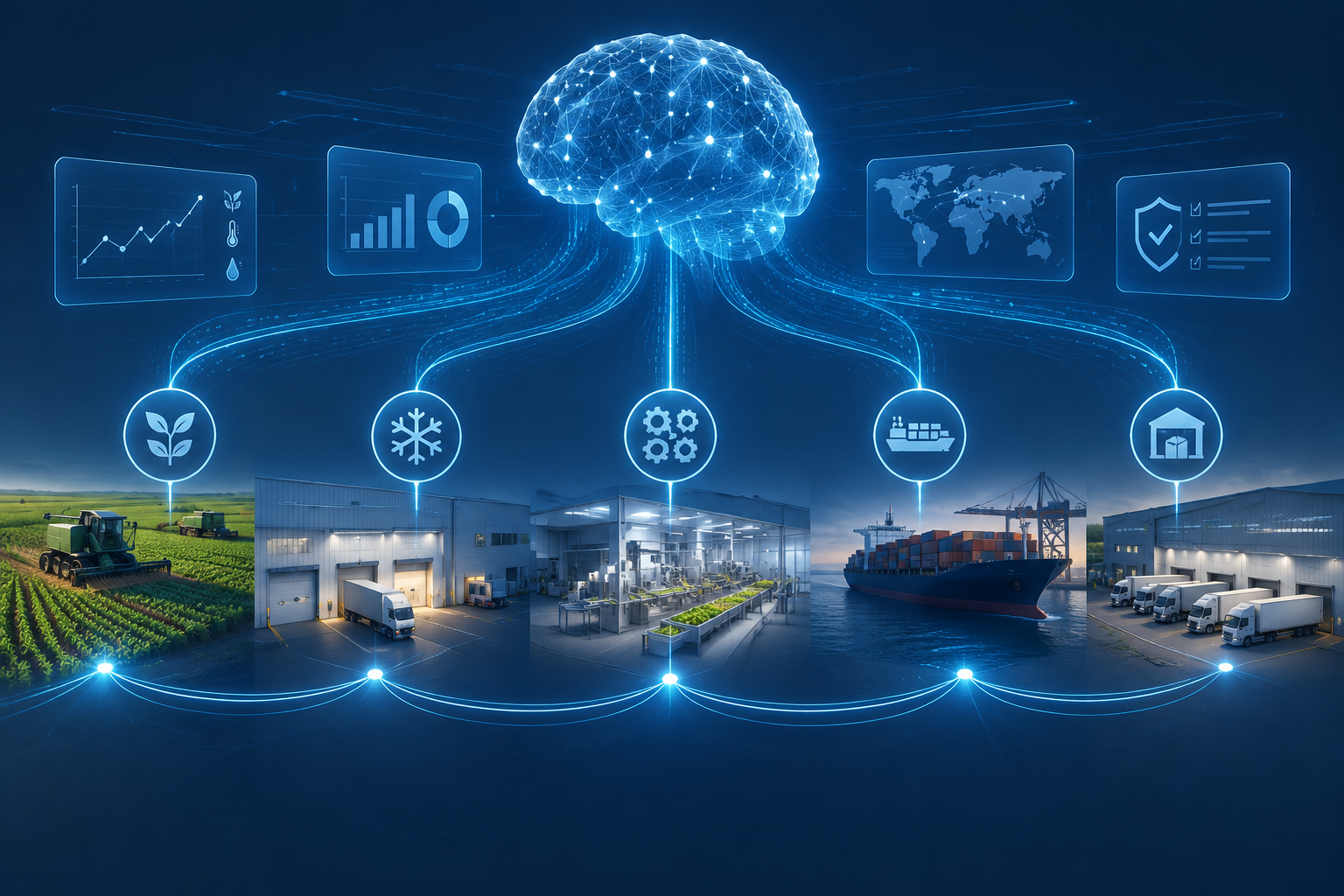 Food supply chain flow connected by digital data lines with an AI intelligence layer above it