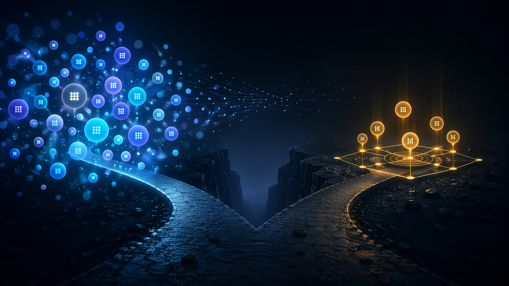 Split composition showing a dense scattered cluster of glowing circles on one side and a smaller structured framework of connected nodes on the other, with a visible gap between them