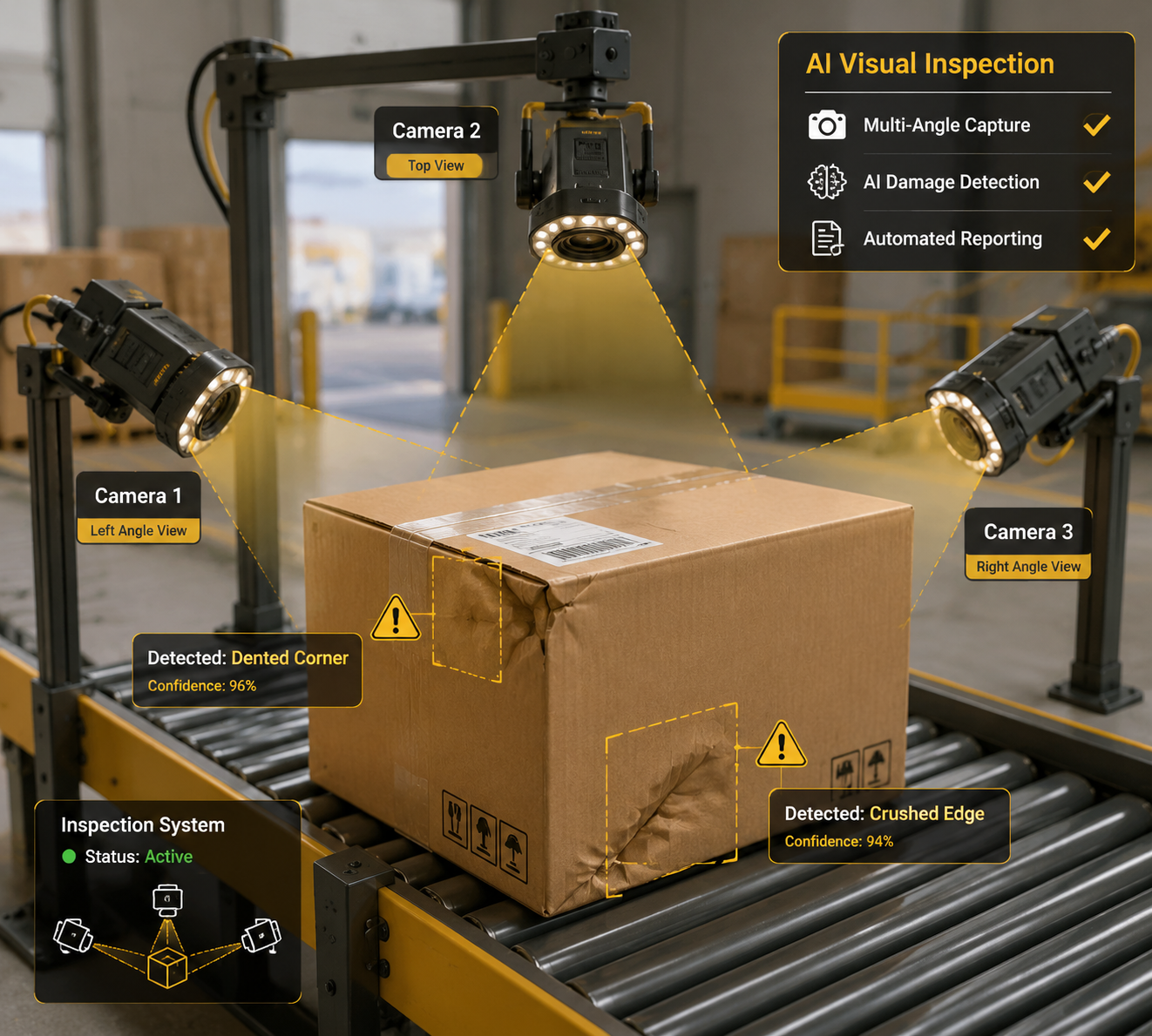 Corrugated box at a logistics handoff point inspected by multiple camera rigs highlighting dented corner and crushed edge damage