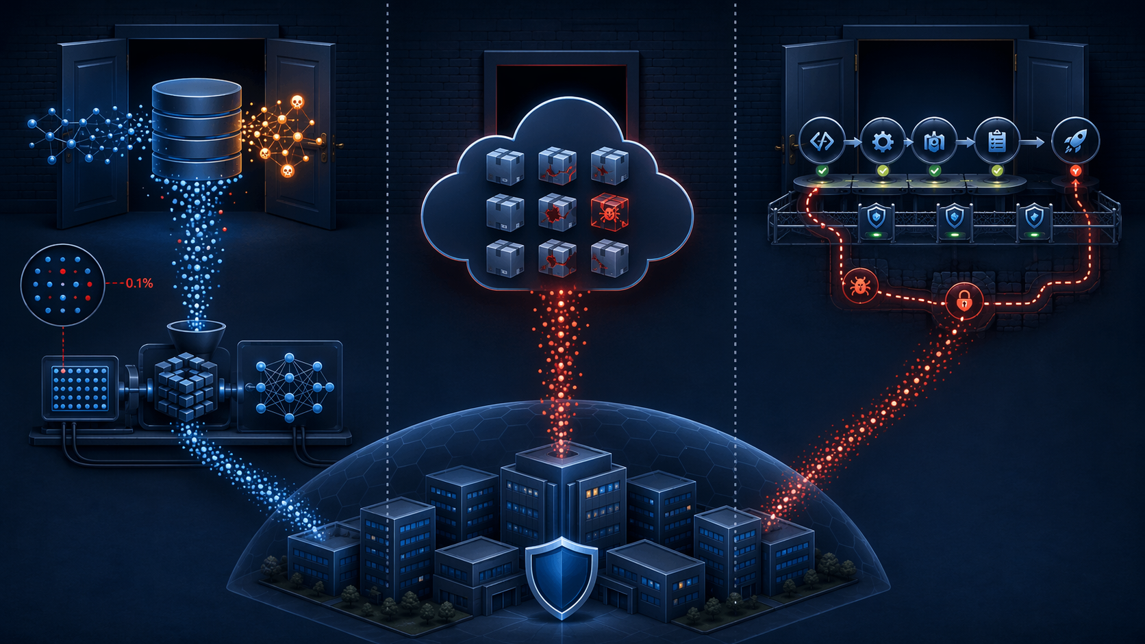 Three AI supply chain attack vectors entering through contaminated data, public registries, and CI/CD pipelines