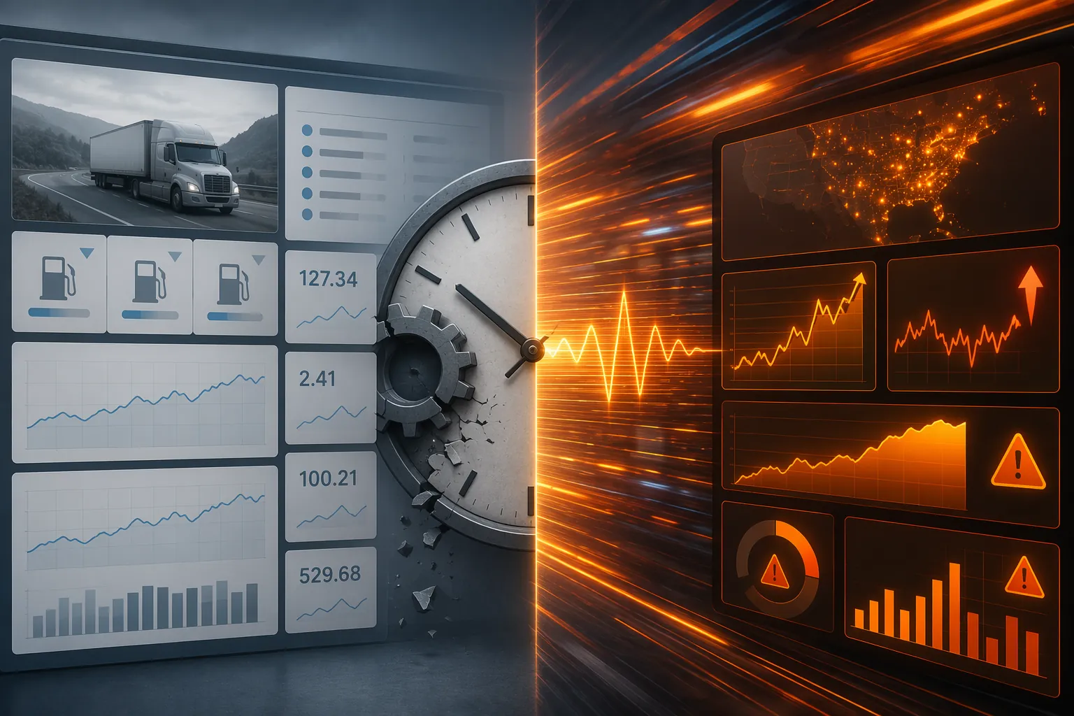 Split view of a conventional logistics dashboard beside real-time freight alerts showing a detection-speed gap