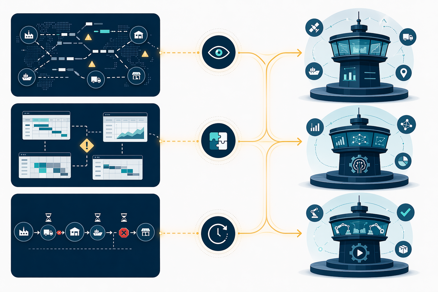 Diagnostic diagram mapping visibility gaps, planning fragmentation, and execution latency to matching control tower models